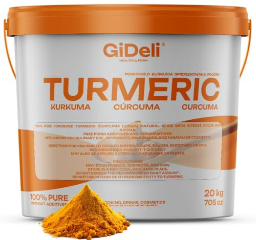GiDeli Polvo de cúrcuma 20kg de raíz de cúrcuma finamente molida Ideal para preparar una leche dorada como adición al té platos asiáticos sopas picantes