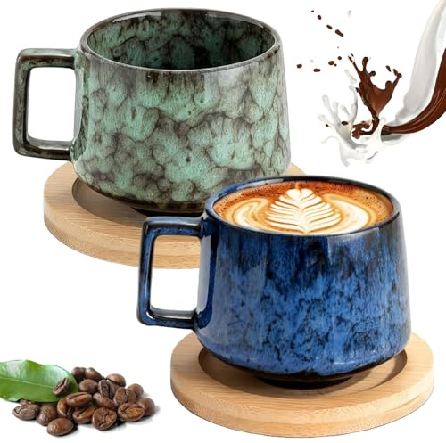 Set di 2 tazze da caffè, 190 ml, tazze da cappuccino a parete spessa, con piattini in legno, tazze da caffè in gres porcellanato, per americano, latte, tè e caffè (blu scuro + verde scuro)