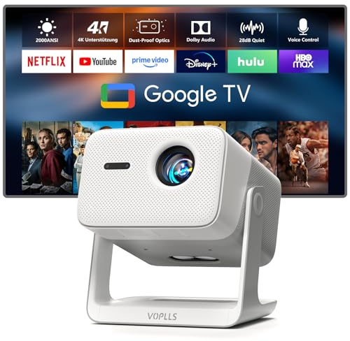 Smart Beamer【Google TV/Offizielle App】 VOPLLS 2000ANSI Tageslicht Beamer 4K Heimkino Autofokus & Trapezkorrektur Projektor mit Dolby Audio/HDR10+/2-Wege Bluetooth WiFi6 Outdoor Projector für Handy