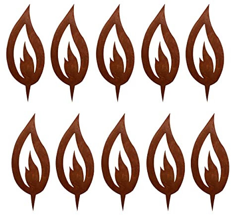 Rostikal 10 er Set Rost Deko Flamme Edelrost 10 cm hoch Rostige Weihnachtsdeko Kerze Advent Kerzenflamme zum stecken Rostoptik, Unparfümiert