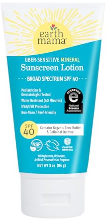 Earth Mama Uber-Sensitive Mineral Sunscreen Lotion SPF 40 | Non-Nano Zinc, Contains Organic Colloidal Oatmeal | Steroid-Free Eczema Cream for Baby, Kid & Family, 3-Ounce