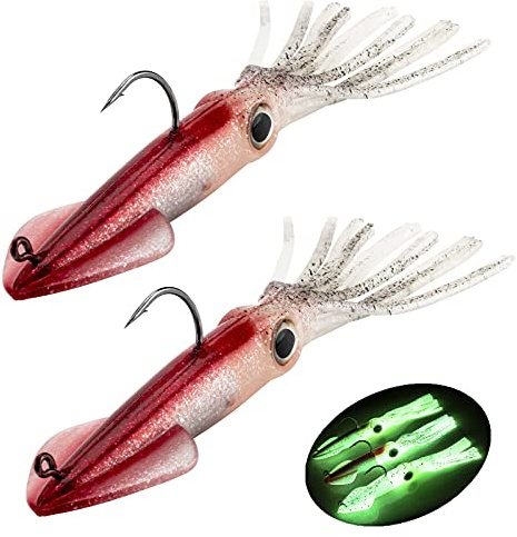 Fishing Squid Lures Kit Pre-rigged Squid Lure Glow In the Dark Squid Jig Octopus Artificial Bait Saltwater Sea Fishing Lures Sinking Lure 35g 2Pcs (E -2Pcs)