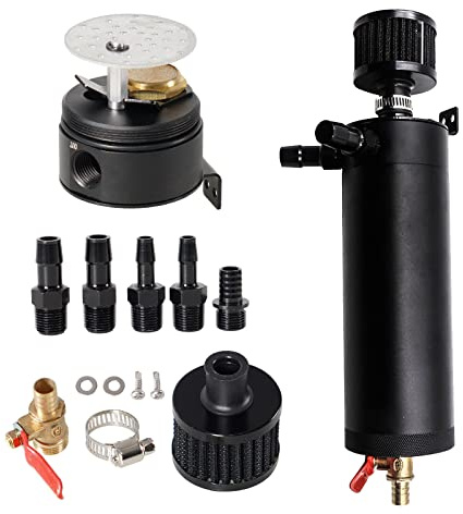 Edicapo Universal Baffled Oil Catch Can Kit 2-Port Reservoir Tank Large Filter Drain Valve 750ml Billet Aluminum Black