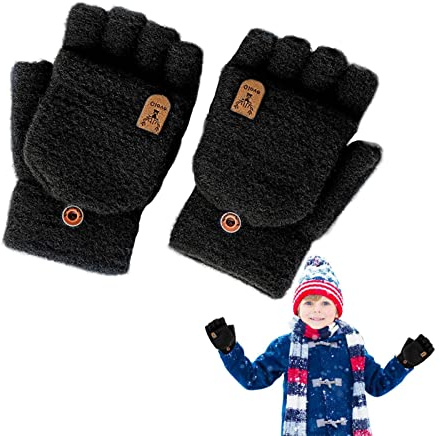 huiba Warme Handschuhe ohne Finger, Handschuhe ohne Finger, aus weichem und dehnbarem Strick, mit Wapiti | Thermohandschuhe für Kinder zum Wandern