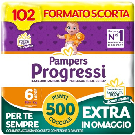 Pampers Progressi XL, Taglia 6 (16+ kg), 102 Pannolini Bambino