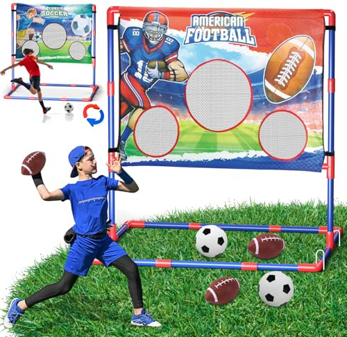 Juego 2 en 1 de lanzamiento de fútbol y fútbol para niños de 8 a 12 años, portería de doble cara de 3 agujeros con 2 balones inflables y 2 pelotas de fútbol, regalo deportivo para exteriores e