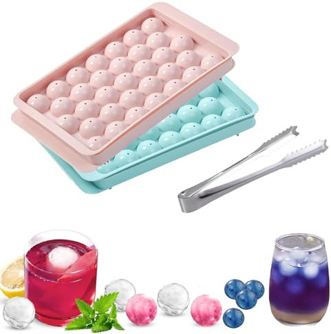 2 Pack Round Ice Cube Moulds with Ice Tong, 33-Ball Ice Cube Trays with Lid, Reusable Plastic Mold for Whiskey, Cocktails, and Beverages, Easy to Use and Clean