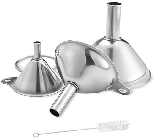 Imbuto Küchenev, piccolo, in acciaio inossidabile, con manico e spazzola per la pulizia, impilabile, adatto per liquidi, oli, polvere, marmellata (4,5 cm, 5,5 cm, 7,5 cm)