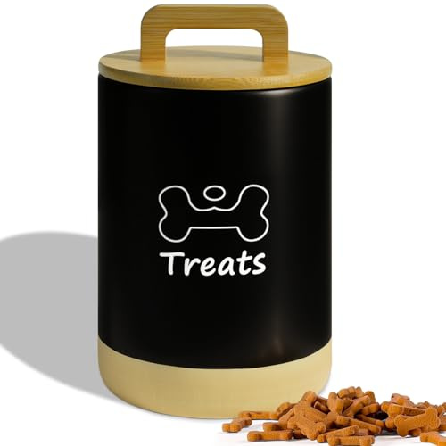 NIXBYO Contenedor para perros Airtight – Tarro de cerámica grande para tratar perros de 9 x 5 pulgadas para mostrador de cocina, tarro de galletas de perro negro con tapa P-A42
