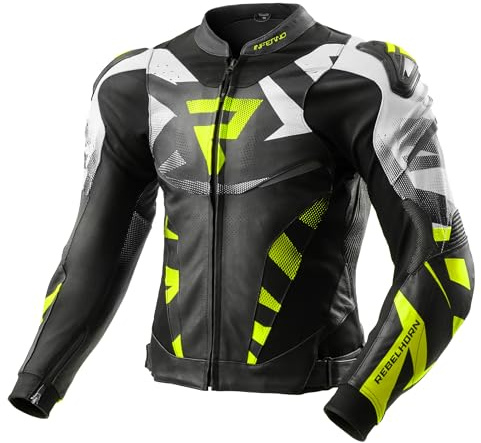 REBELHORN Inferno motorcykeljacka för män | läder | armbågar, axlar och ryggskydd RE ZRO nivå 2 | Axelsliders | In&Out väst | Ventilationspaneler | Storlekar upp till 62, Svart/vit/fluorescerande gul