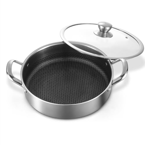 Toutrop Stainless Steel 7QT Saute Pan 14 Inch Deep Frying Pan with Lid Nonstick,Hybird Induction Cooking Pan,PFOA Free Cookware,Large Skillets
