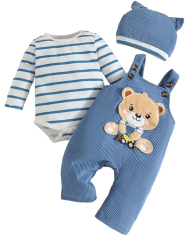 LUVCES Ropa de Bebé Recién Nacidos Manga Larga Pelele de Rayas + Mono Pantalones con Tirantes y Dibujos de Animales + Gorro 3 Piezas Otoño Conjuntos 3Pcs Oso de rayas azules 0-3 Meses