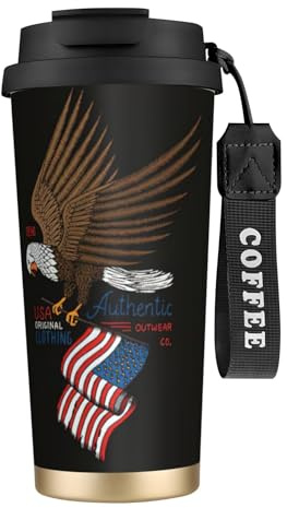 nanger Thermobecher aus 316er Edelstahl, Motiv: USA-Adler mit amerikanischer Flagge, isoliert, mit auslaufsicherem Deckel, hält heiß oder kalt