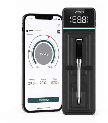 Vesta Precision Vestemp BP20 Termómetro de Carne Inalámbrico para Barbacoa | Sonda de Cocción Inteligente con Bluetooth y Wi-Fi, Pantalla LED, Apto para Lavavajillas, Batería de 72h, Triple Sensor
