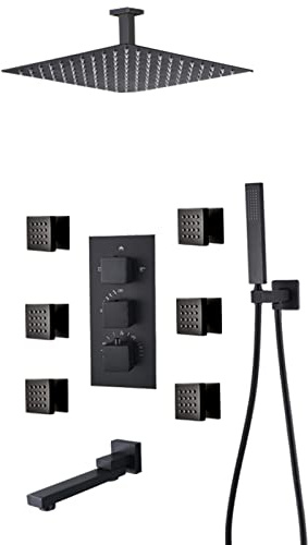 QZQJUILU Sistema de Ducha termostático Empotrado con grifería, Montaje en Pared y protección antiescaldaduras. Incluye 6 rociadores corporales, Ducha de Mano y Cabezal d(10 Inch)