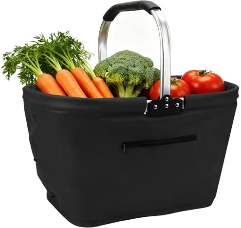35L Cesta de la Compra Plegable, Cesta de Picnic con Asas Acolchadas, Cesta de Transporte Grande para Familia Impermeable, Bolsa de Compra Práctica con Marco de Aluminio Estable para Viajes, Compras