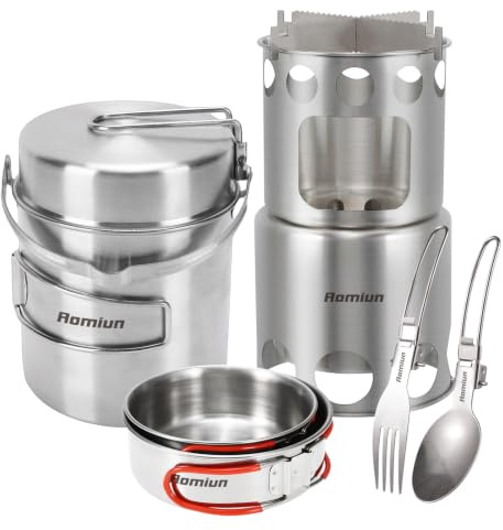 Aomiun Set di pentole da campeggio, pentola da 1 litro con posate pieghevoli e ciotole per cucinare all'aperto, per zuppe e arrostire