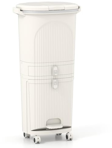 GOPLUS 42 L Cubo de Basura de Cocina, Papelera de Clasificación de 3 Niveles con 2 Cubos Interiores, Cajón, Compartimento Inclinable, Tapa, Asas y Pedal, Contenedor de Residuos para Salón, Baño, Beige