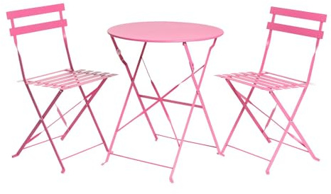 OHS Garden Table and Chairs Metal Hot Pink, Bistro Set 3 Piece Furniture Folding Patio Outdoor Table and Chairs Set 2 for Balcony Summer BBQ Conservatory