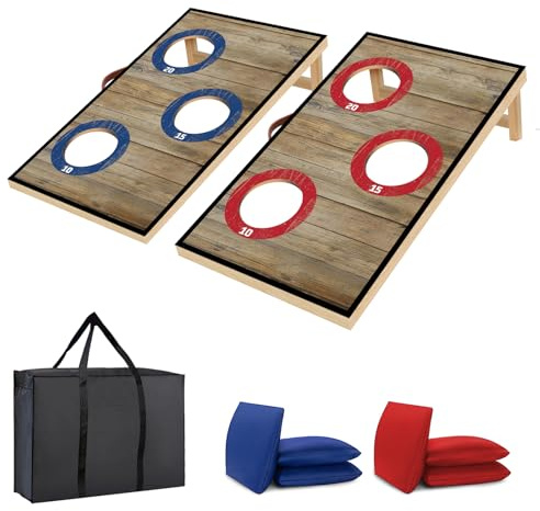 NZQXJXZ Cornhole spelset, 0,6 m x 0,3 m massivt trä premium majshålskivor | med 6 bönpåsar och en bärväska, utomhus majs kastspel set för familj och vuxna