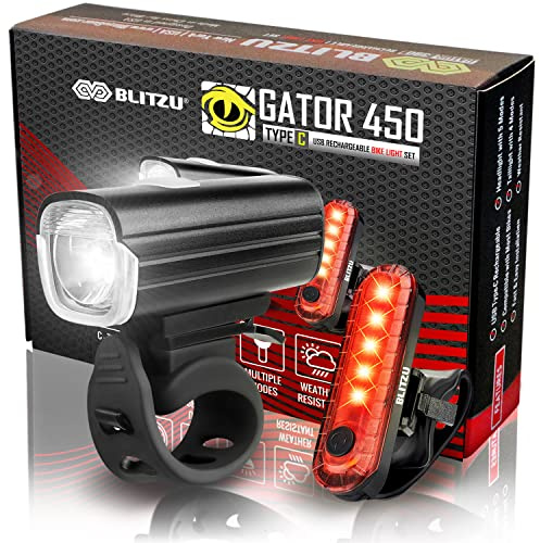 Bike Lights for Night Riding, Super Bright Bicycle Reflectors, USB Rechargeable Bike Lights Front and Back, Water-Resistant, 4+5 Modes Headlight Taillight Set for Safety, Men, Women & Kids Gator 450