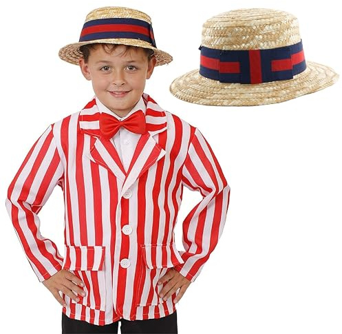 Costume da barbiere anni '20 per bambini – Giacchera a righe rosse e bianche + cappello da barbiere di paglia, costume da barbiere per bambini