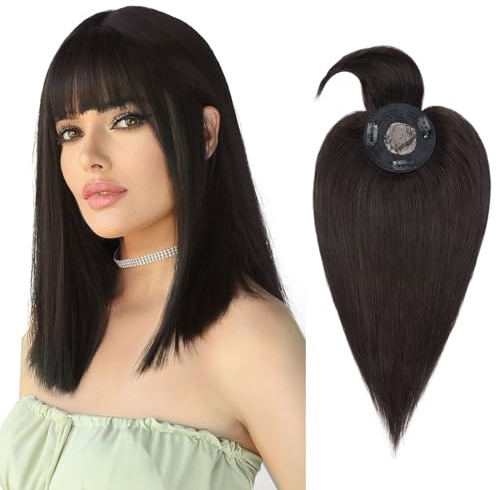Silk-co Hair Topper Capelli Veri Donna Clip in Extension Toupet Uomo Capelli Umani Brasiliani 45 cm (45 g) #1B Nero Naturale