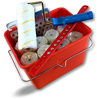 Ensemble à peindre complet | 9 rouleaux polyamide rayé jaune alésage 8 mm | Monture courte | Seau 10 litres | Mélangeur plastique | Grille essorage acier galvanisé | Kibros SO108D
