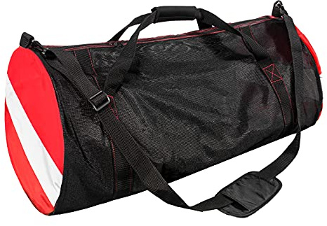 Mesh Duffle Bag, Large Dive Bag with Padded Removeable Adjustable Shoulder Strap and Wrap Handle, Scuba Gear Bags for Diving, Snorkeling, Freediving, Swimming, Spearfishing, Beach (Black)