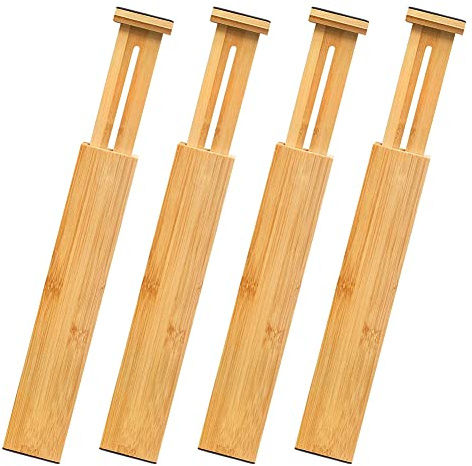 Retoteng Drawer Dividers Pack of 4, Adjustable Bamboo Clothing Drawer Organizers Spring-loaded, Durable Expandable Organization Separators for Dresser, Kitchen, Bedroom, Bathroom, Office