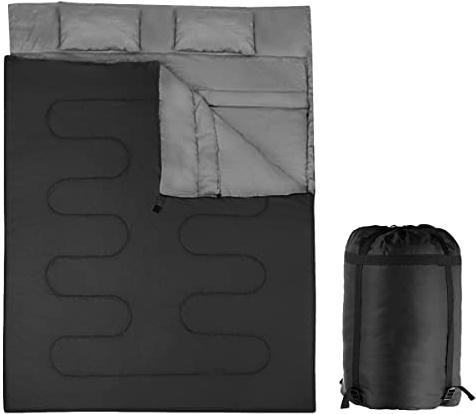 TANGZON 220x150cm Double Sleeping Bag, Extra Large Converts into 2 Waterproof Lightweight Camping Bags with 2 Pillows and Carrying Bag for Outdoor Hiking Backpacking Traveling (Black)