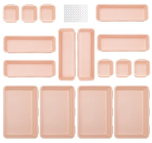 Famhap Organizer Cassetti, Vassoio Portaposate Scatole Stoccaggio Divisori Contenitori in Plastica Impilabili per Scrivania, 16 Pezzi, Cucina, Bagno, Trucco, Armadio (Rosa)