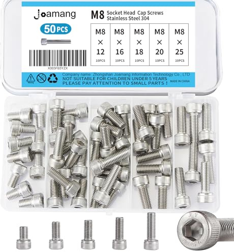 Joamang M8 x 12mm 16mm 18mm 20mm 25mm Hex Socket Head Cap Screws Bolts, Stainless Steel 304, Metric Allen Drive, Bright Finish, Fully Threaded, Assortment Kit 50PCS