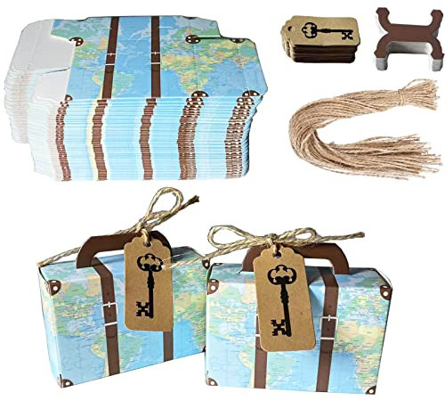 Geschenkboxen 50PCS kleine Kraft Papier Geschenkbox Hochzeit Schmuck Schachtel Gastgeschenke Süßigkeiten Schokolade Kartonagen Bonboniere Favour Boxen mit Schlagworten (Blau + Schlüssel)