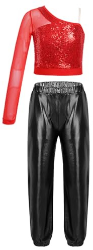 TiaoBug Completo Sportivo Bambina Danza Moderna Jazz Hip Hop Canotta Crop Top Sportivo Monospalla con Paillettes Maglia Top e Pantaloni Lucidi Tuta da Ginnastica Dancewear Rosso&Nero 11-12 anni