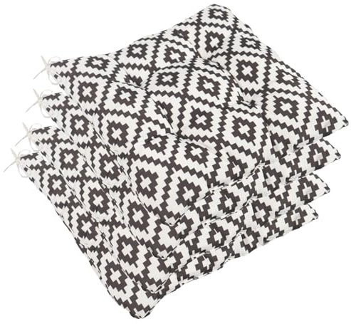 OHS 4 Pack Seat Pads Garden Chair Cushions, Water Resistant Geometric Indoor Outdoor Cushions with Ties for Garden Furniture Bistro Chairs Kitchen Dining Chair Cushions, Grey/White