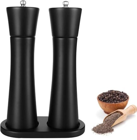 Macina Sale Pepe con Supporto in Faggio, macinapepe manuale, Set di 2 Macina Sale e Pepe, Set Macina Sale e Pepe con Vassoio per Macinino per barbecue, cucina, ristorante