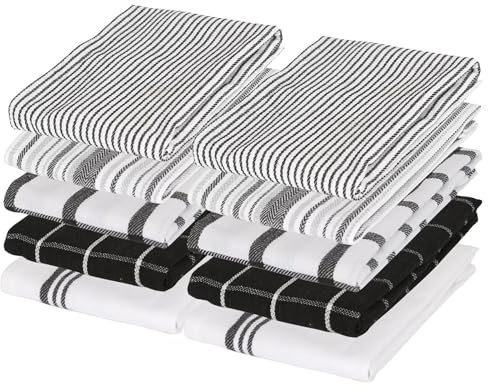 Nicola Spring 10pc Monochrome 70cm x 50cm 100% Cotton Tea Towels Set - Absorbent Home Kitchen Catering Oven Glass Dish Cloth Hand Towels