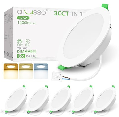 ALUSSO LED Downlights Ceiling Dimmable 12W 1200LM IP44 Recessed Ceiling Lights, 3CCT 3000K Warm 4000K Neutral 6500K Cool Adjustable Bathroom Spotlights, White, 6 Pack