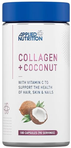 Applied Nutrition Collagen + Coconut Capsules – Marine Collagen with Vitamin C & Coconut Oil – Hair,Skin & Nails Support – Joint & Connective Tissue Health –Halal Certified –180 Capsules (90 Servings)