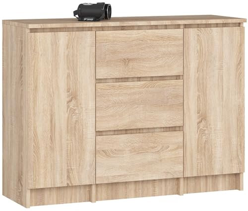 AKORD Kommode K100 mit 3 Schubladen, Schrank mit 2 Tür 4 Regalböden, Für das Wohnzimmer Schlafzimmer, Moderne, 16mm Laminierte Platte, B101xH76xT35 cm, Farbe Sonoma-Eiche & Sonoma-Eiche