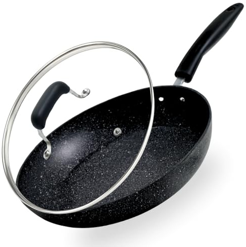 ml MassAri Limited Non Stick Frying Pan with Lid Black Granite Marble Coated Soft Grip Handle Dishwasher Safe Suitable for All Stoves (28CM Granite Pan with Lid)