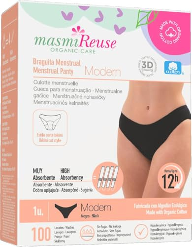 Masmi Bio periodiska trosor | modern | 12 timmars skydd | tvättbar och återanvändbar | tillverkad av ekologisk bomull | svart reuse (L = 102–110 cm höftomkrets)