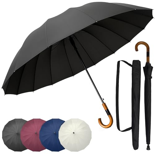 unycos - Paraguas de Golf Resistente al Viento【Grande, XL】 Automático e Impermeable con Mango de Madera, Protección UV para Hombre y Mujer, 120 cm, 16 Varillas | Incluye Funda y Correa (Negro)