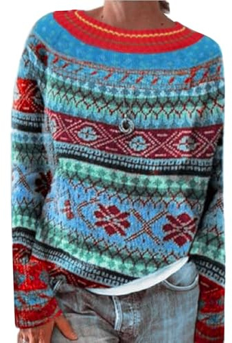 Norweger Pullover Damen Bunte Kaschmir Cashmere Pullover Vintage Geometrische Plaid Sweater Langarm Loose Rundhals Strickpullover Casual Sweatshirt Pulli Elegant Jumper Oberteile Oversize