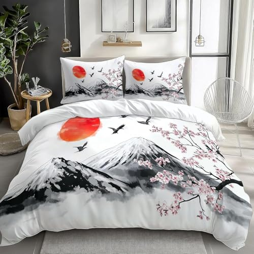 Set Copripiumino Matrimoniale Stile Giapponese in Morbida Microfibra, Set Biancheria da Letto Paesaggio Dell'inchiostro - Sacco Piumino 260x240 Double Face Stampato in 3D e 2 Federe M/5781