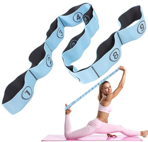 XLIUAX Bande de yoga extensible avec 9 nœuds de 110 cm - Sangle de yoga extensible - Accessoire de yoga - Très élastique - Pour pilates, danse, gymnastique (bleu)