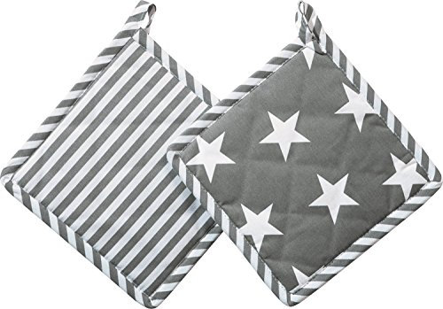 REDBEST Topflappen in Wendeoptik 2er- Pack grau Größe 20x20 cm - Sterne und Streifen, hitzebeständige Wattierung, feines, glattes Gewebe (weitere Farben)