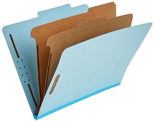 Amazon Basics Classification Folder with Prongs, 100% Recycled, 2 Dividers, 2 Embedded Fasteners, Letter Size, for Documents Organization, Light Blue, 10 Count