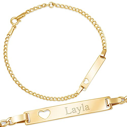 Maverton ID Kinderarmband 585 Gold mit Gravur mit Herzen + personalisierte Geschenkbox - Armband mit Namen und Datum zur Geburt zur Taufe - zum Geburtstag - Länge: 14-16 cm - 14 Karat